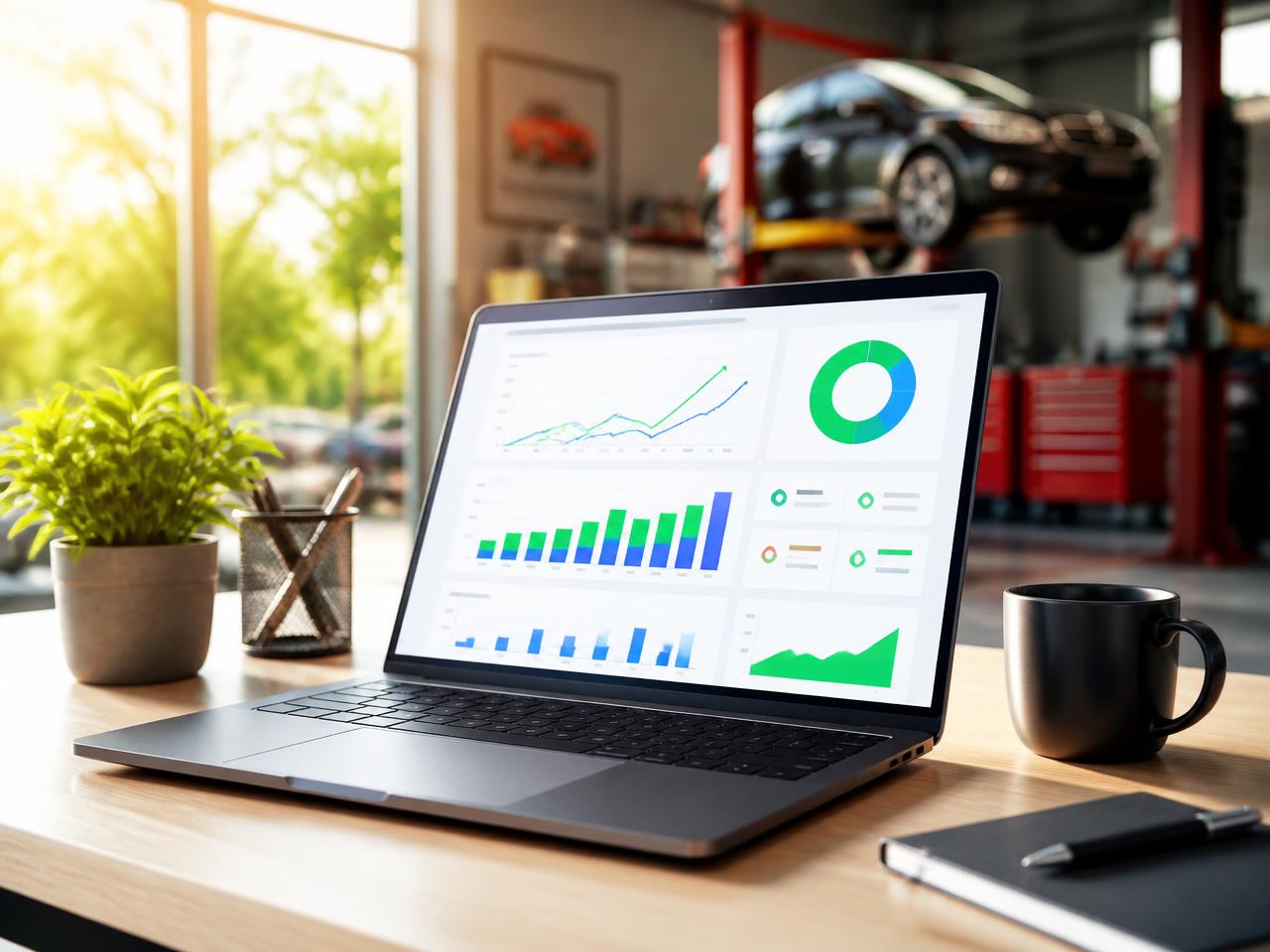 Laptop cu raport de performanță al campaniilor publicitare într-un service auto