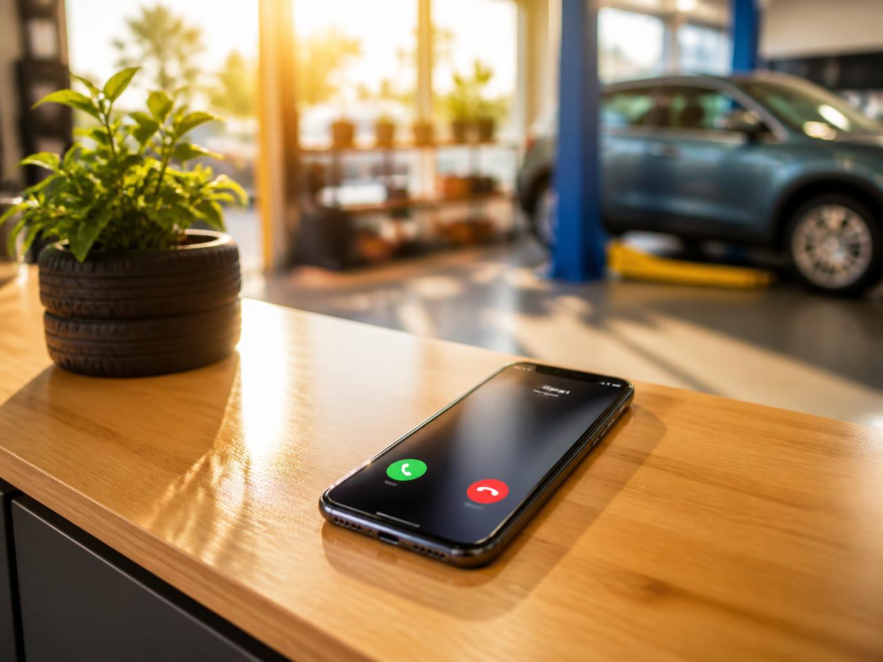 Telefon care sună pe un birou gol la recepția service-ului
